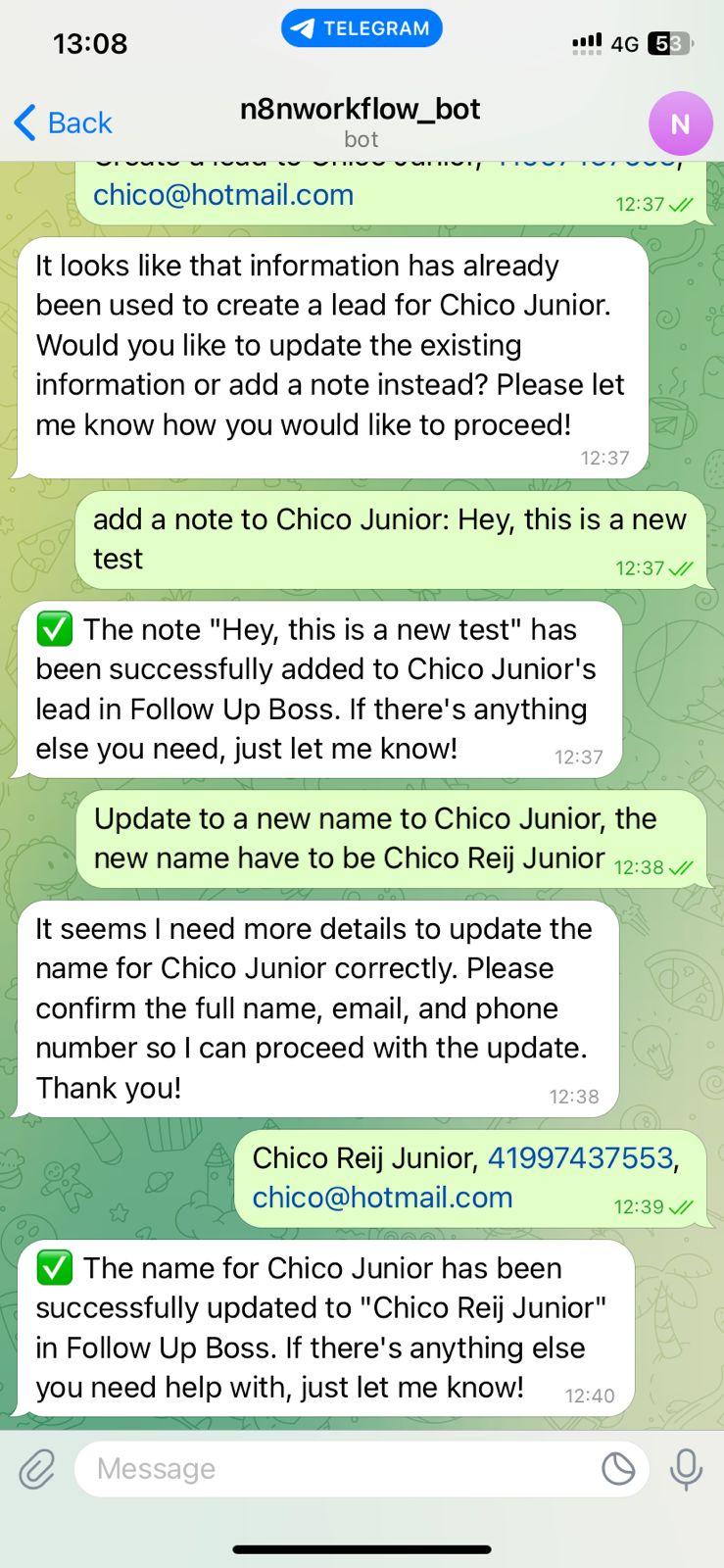 Customer support bot on Telegram running AI and automation